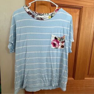 e.Luna Light Blue Striped Top with Floral Details